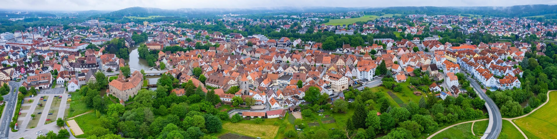 Aerial panoramic view of the city Lauf an der Pegnitz in Germany, Bavaria on a cloudy spring afternoon.