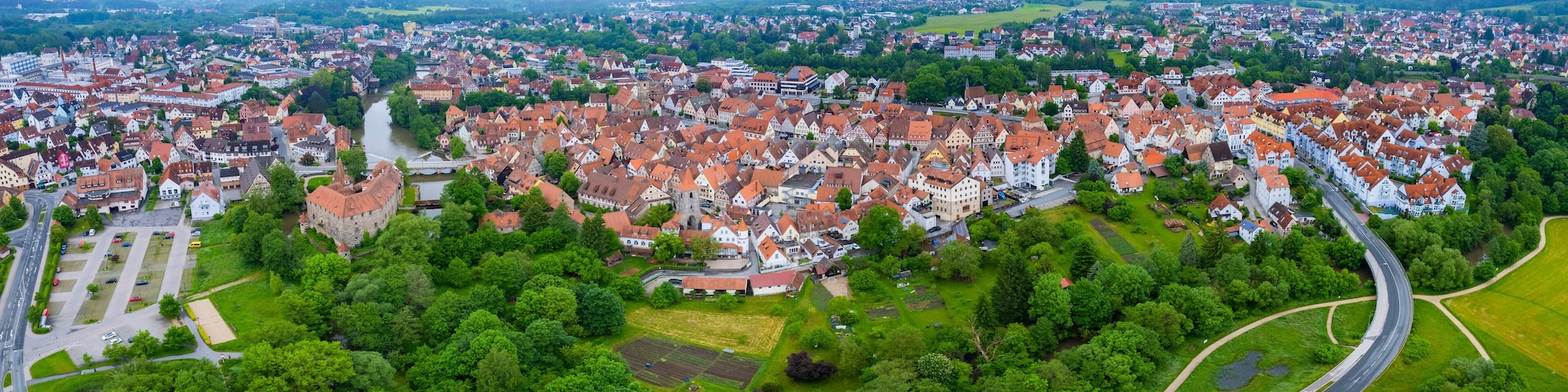 Aerial panoramic view of the city Lauf an der Pegnitz in Germany, Bavaria on a cloudy spring afternoon.