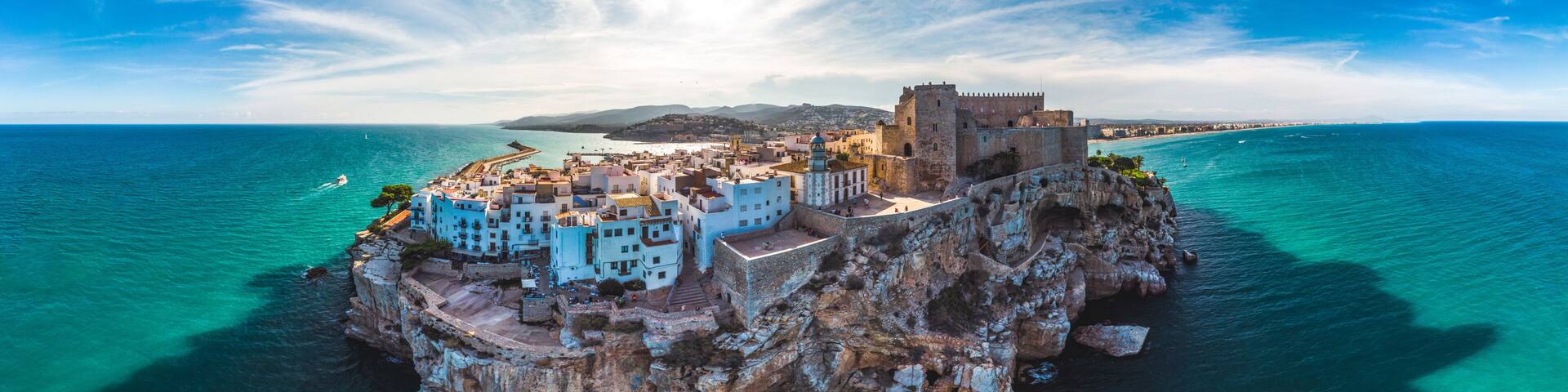 Peniscola, Valencia, Spain. Panoramic drone arial view Summer 2018.