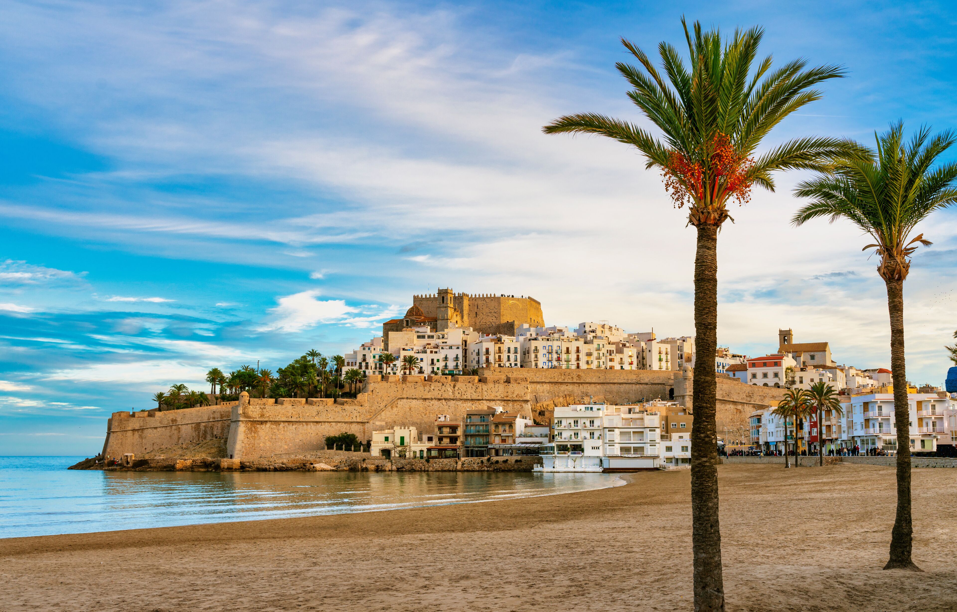 Panorama of Peniscola in Castellon, Spain - Papa Luna castle and mediaval village - Travel landscape.