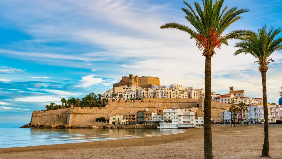 A coastal city with a historic fortification, palm trees, and a beach.