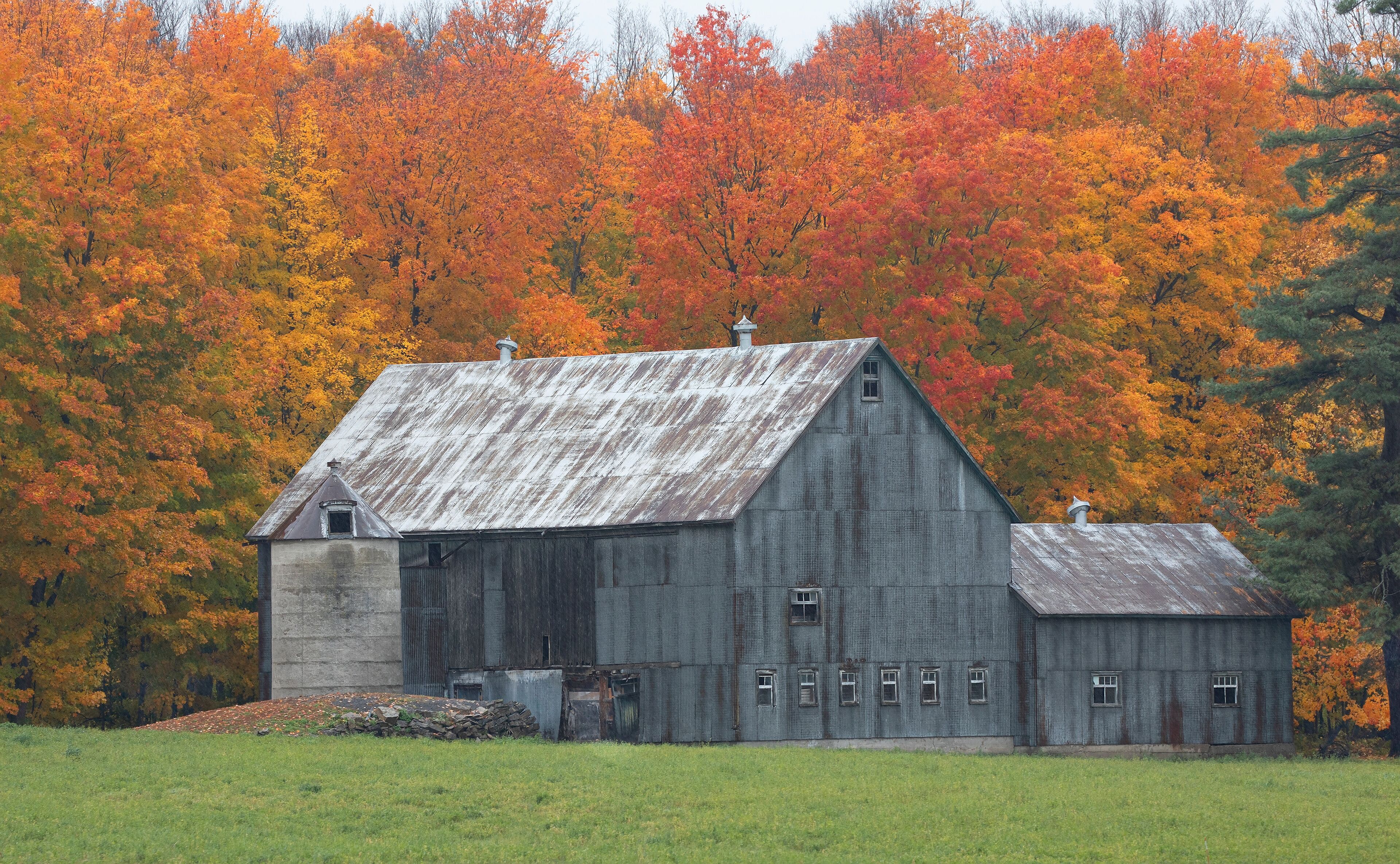 An old barn on a cold colourful autumn morning near Renfrew, Canada