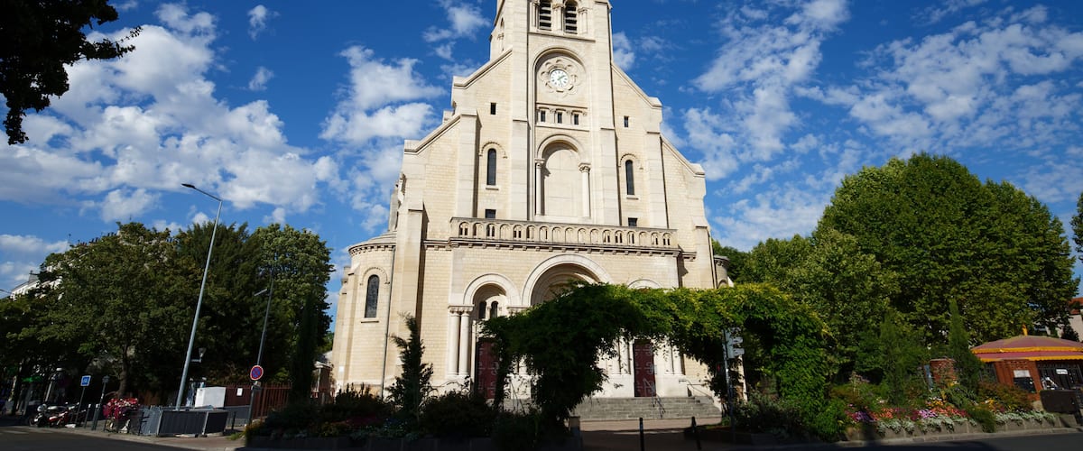 Main facade of the Notre-Dame-du-Rosaire Church, in Saint-Ouen, France .