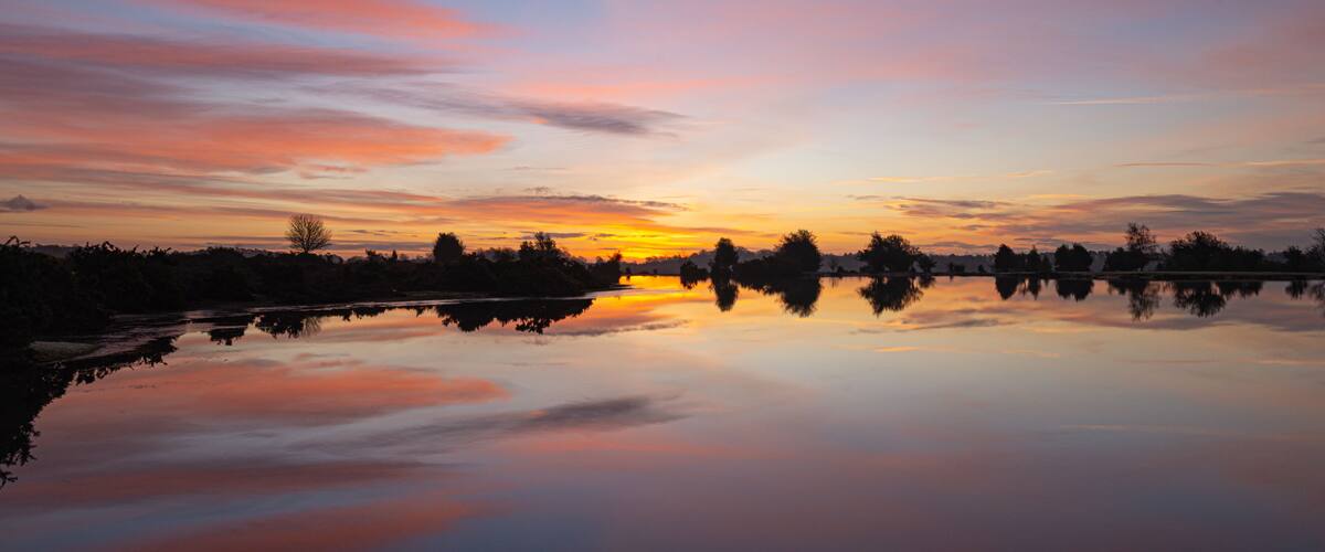 A sunset over a calm lake with silhouettes of trees and a clear reflection.