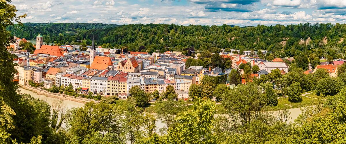 High resolution stitched summer panorama near Wasserburg am Inn, Rosenheim, Bavaria, Germany