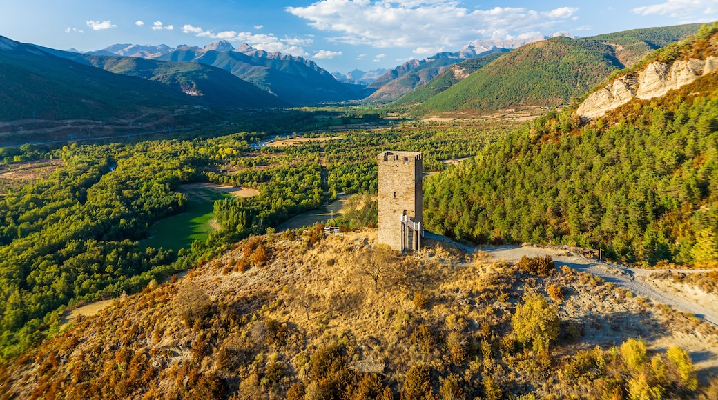 A mountainous landscape with a tower, dense forests, and a river.