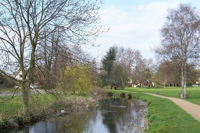 A park with a pond, trees, and a walking path.