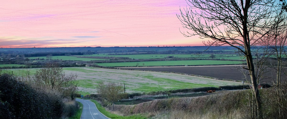 A curving road in a rural landscape with fields and a tree line.