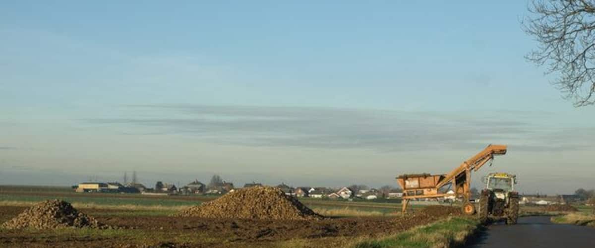 A rural road with a large orange excavator and a tractor on the right side, surrounded by open fields and distant buildings.