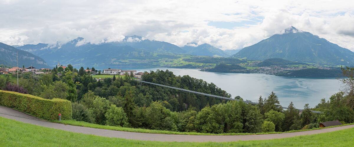 A mountainous landscape with a lake, a bridge, and a village.