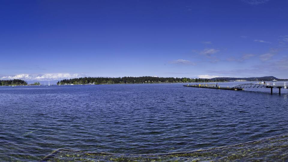 A calm lake with a pier and a bridge.