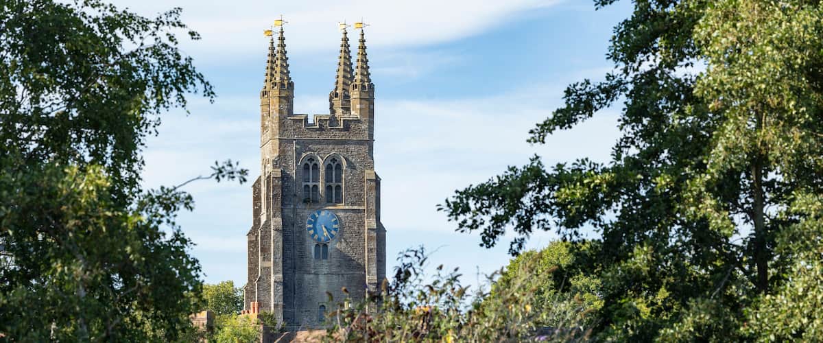 A historic church tower with a clock, surrounded by lush greenery.