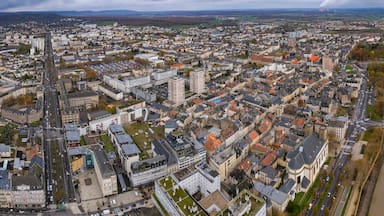 An aerial panorama view around the downtown of the City Thionville In France on a cloudy spring noon