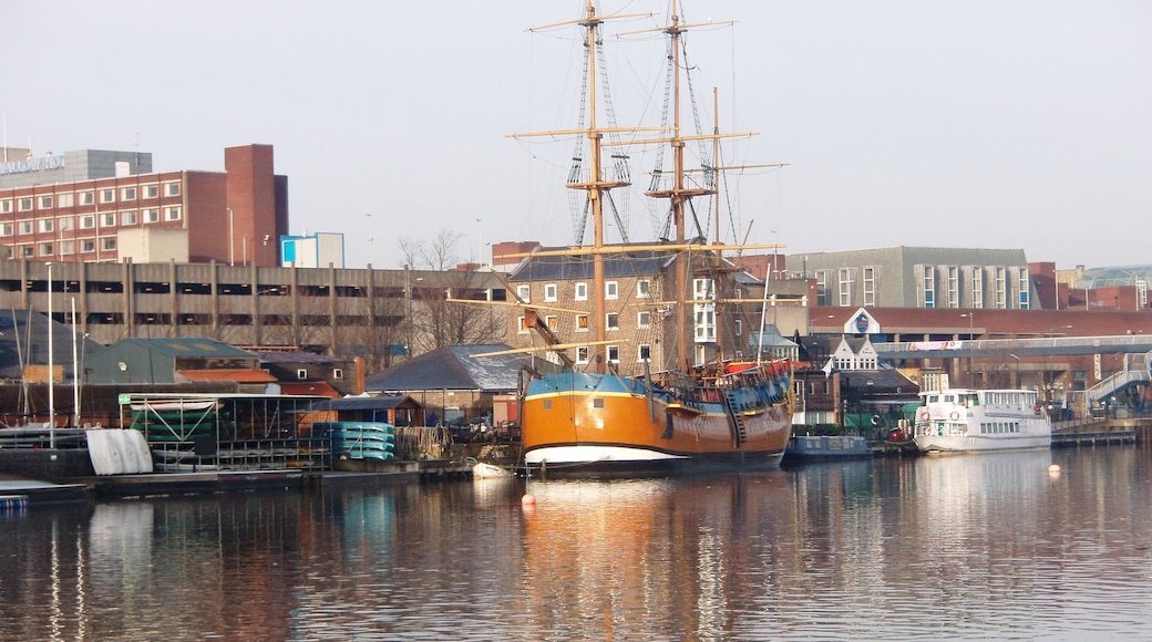 HMS Bark Endeavour This photograph shows a view of HMS Bark Endeavour moored on the River Tees at Stockton. This picture was taken from on the east embankment near Victoria Bridge looking in a north-westerly direction towards the centre of Stockton.