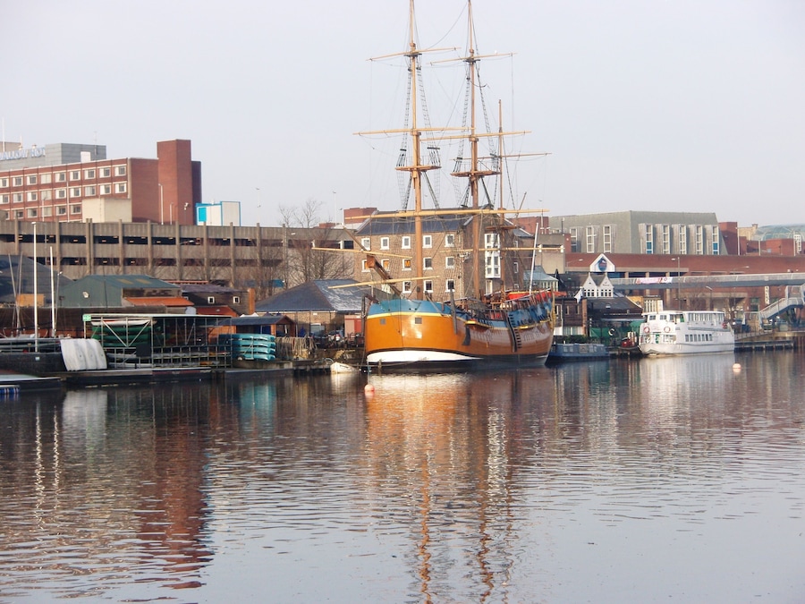 HMS Bark Endeavour This photograph shows a view of HMS Bark Endeavour moored on the River Tees at Stockton. This picture was taken from on the east embankment near Victoria Bridge looking in a north-westerly direction towards the centre of Stockton.