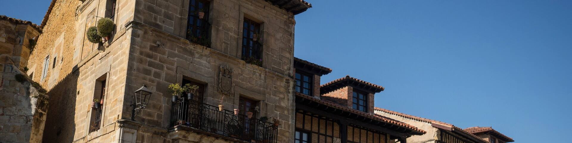 Panorama view of old historic quaint charming medieval architecture village town Santillana del Mar in Cantabria Spain