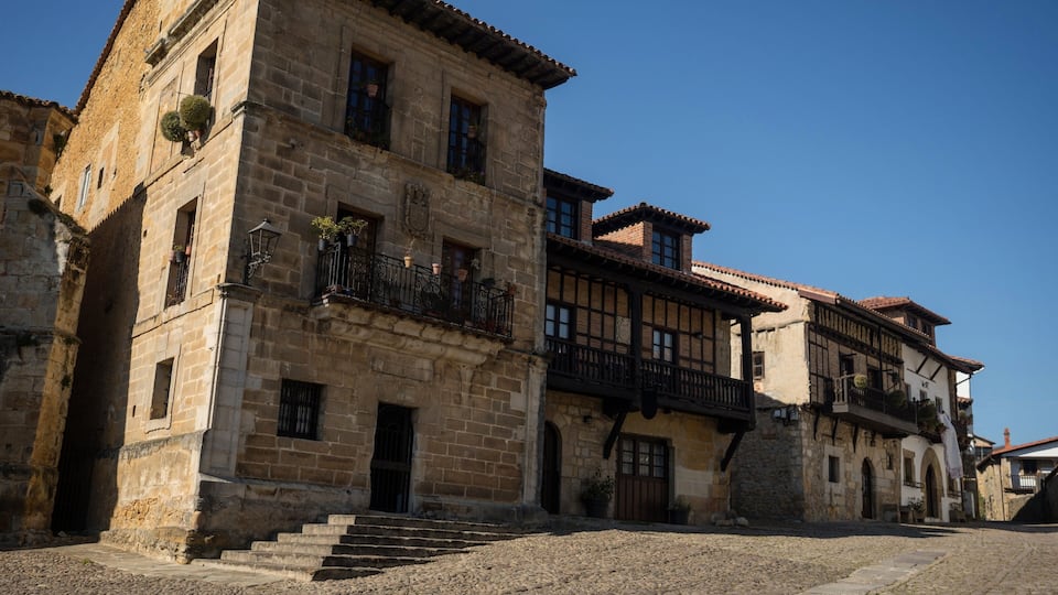 Panorama view of old historic quaint charming medieval architecture village town Santillana del Mar in Cantabria Spain