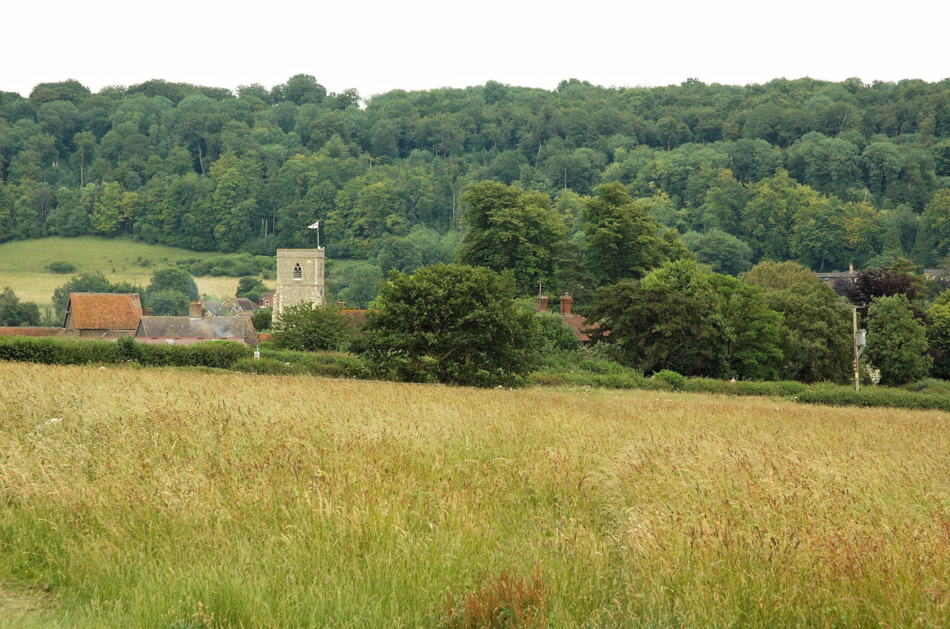 Tower of St John the Baptist, Aldbury seen from Station Road.