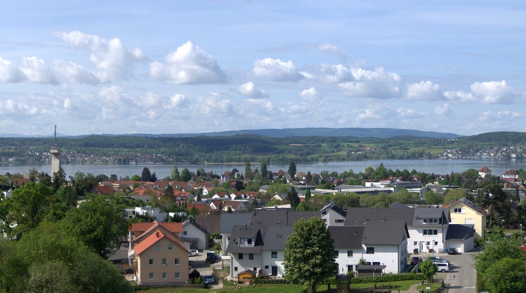 Blick auf Überlingen, im Hintergrund der Bodensee und die Alpen
