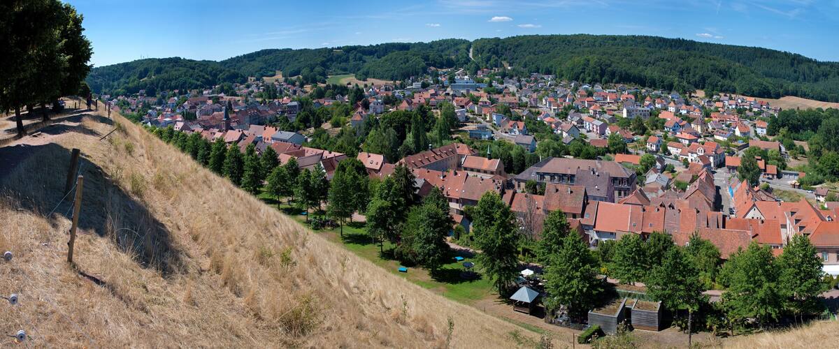 A town nestled in a valley with red-roofed houses, surrounded by green hills and trees.
