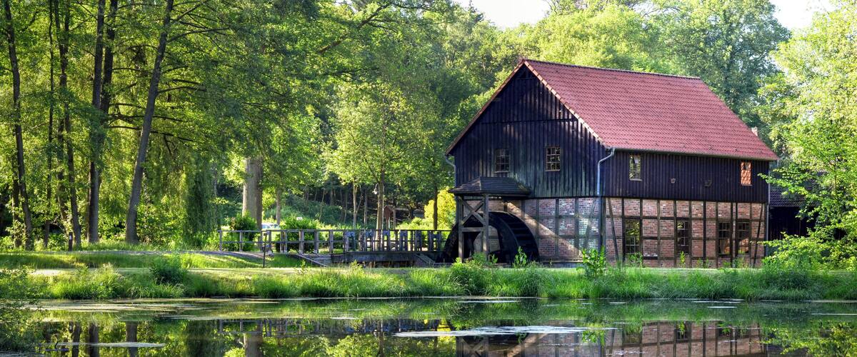 A rustic wooden building with a red roof, a water wheel, and a pond reflecting the structure.