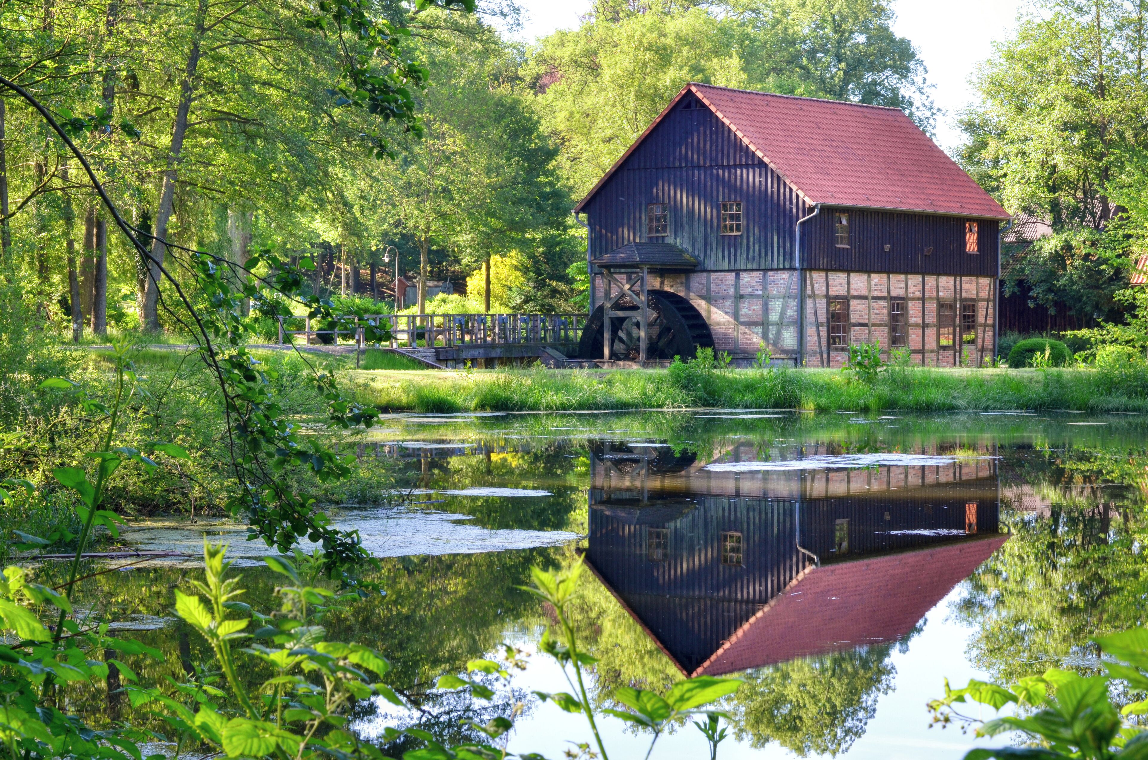Die Cordinger Mühle (am Morgen) an der Warnau in Benefeld (Lüneburger Heide, Deutschland)