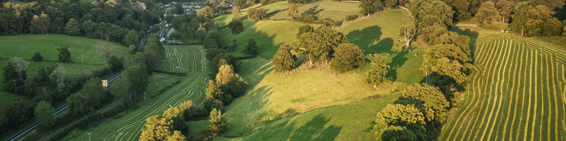 Un paisaje rural con colinas onduladas, campos y un pequeño pueblo rodeado de árboles.