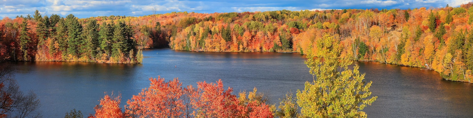 Bright fall foliage along scenic Saint Maurice river in Quebec.