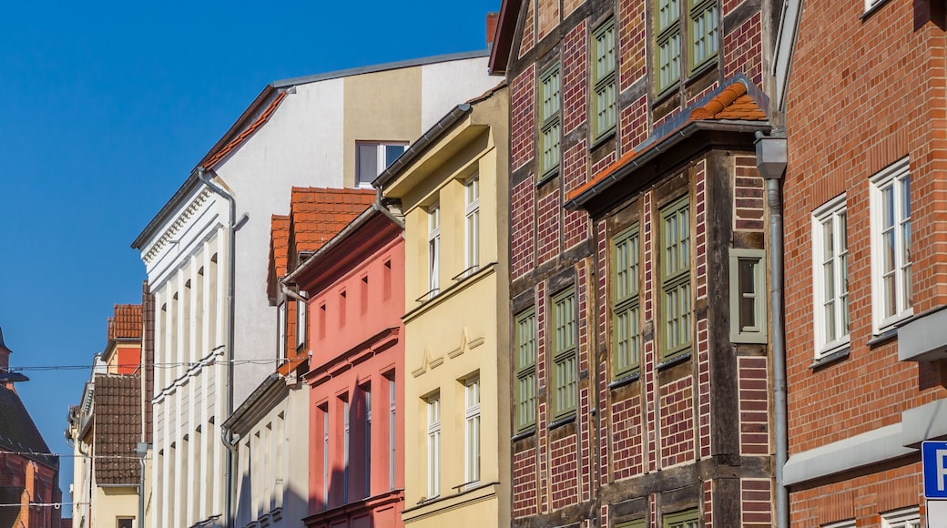 Panorama of historic facades and church tower in Gustrow, Germany