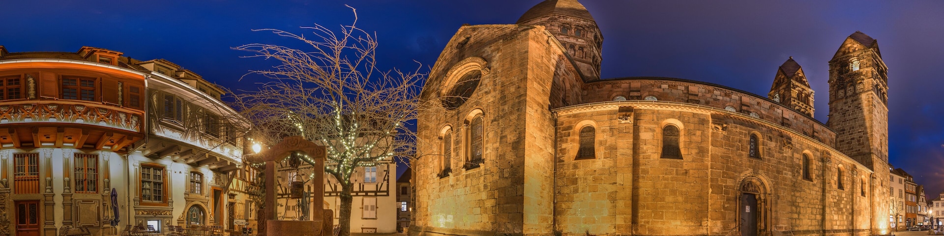 A historic church with two towers, a cobblestone street, and a tree with lights.