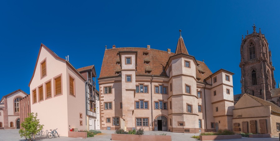 Sélestat, France - 09 19 2019: Walk to downtown. Humanist Library