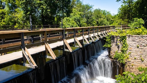 Beautiful Alexauken Creek Aqueduct waterfall at Delaware Canal trail