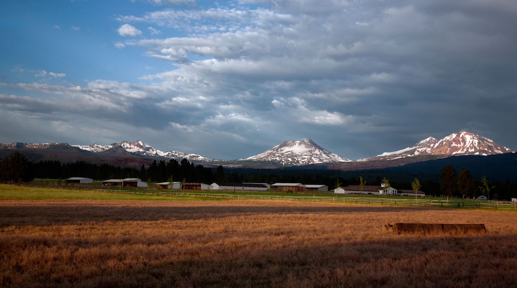 DJ0XNN OREGON - Farm at the town of Sisters with the Three Sisters and Broken Top Mountains beyond.