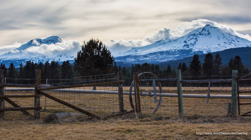 The Three Sisters. North Sister to the right, South Sister to the left, and the Middle Sister is just barely visible as a tuft of cloud on the south slope (left) of the North Sister.