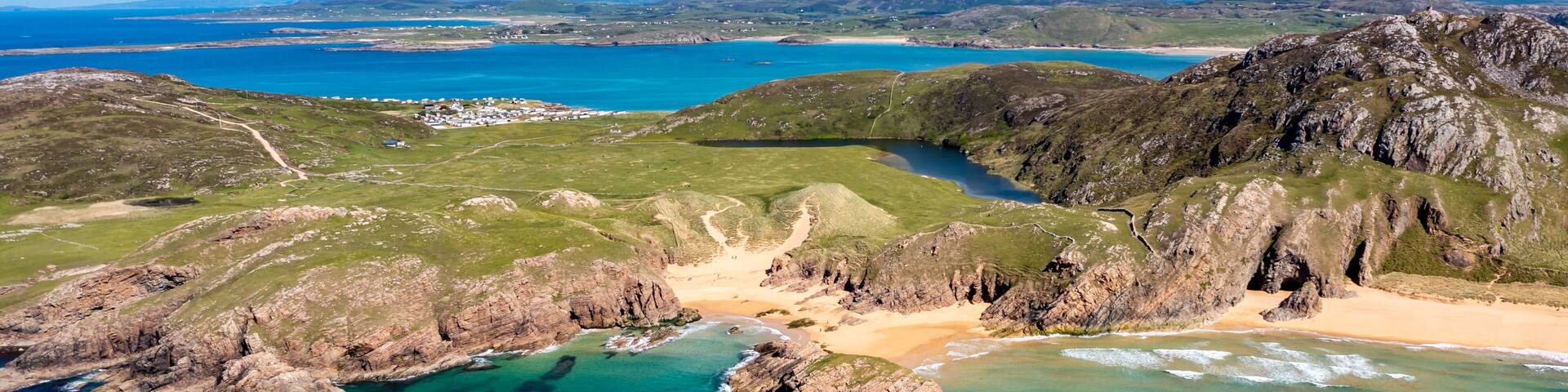 Aerial view of the Murder Hole beach, officially called Boyeeghether Bay in County Donegal, Ireland