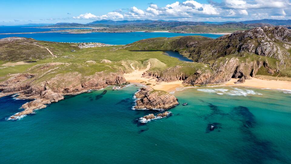 Aerial view of the Murder Hole beach, officially called Boyeeghether Bay in County Donegal, Ireland
