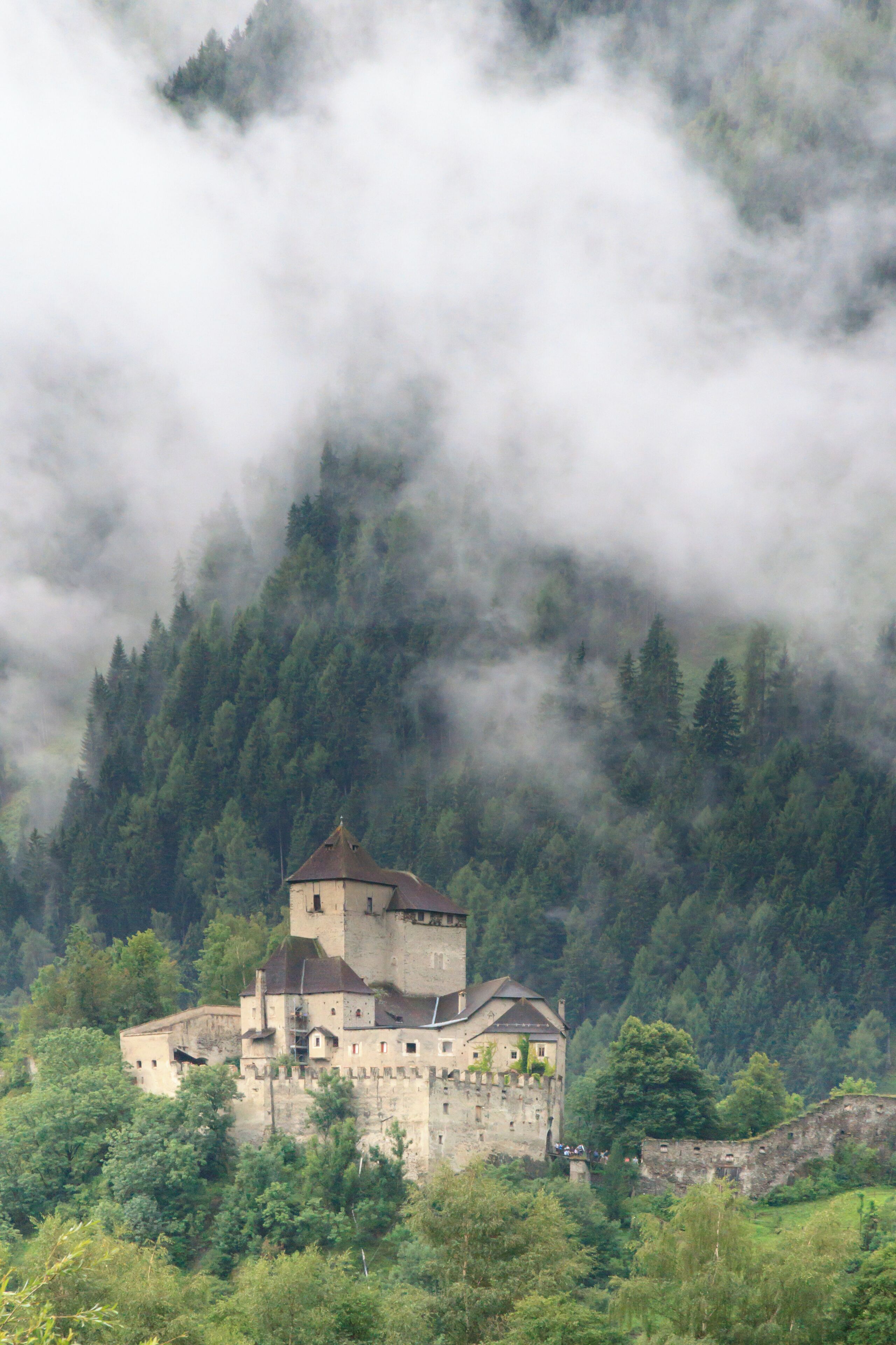 A medieval castle surrounded by dense forest and mist.