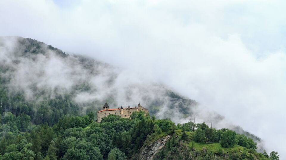 A castle on a hill surrounded by dense forest and mist.