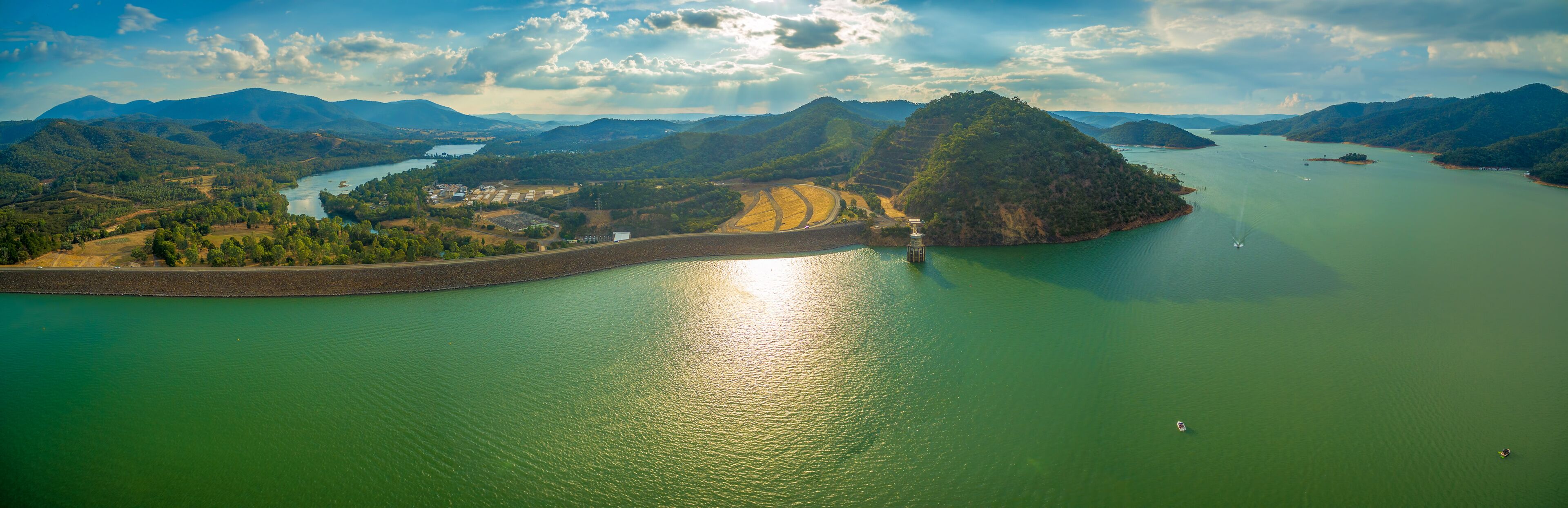 Large aerial panorama of Lake Eildon dam at beautiful sunset in Australia
