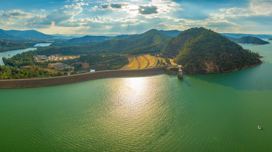 Large aerial panorama of Lake Eildon dam at beautiful sunset in Australia