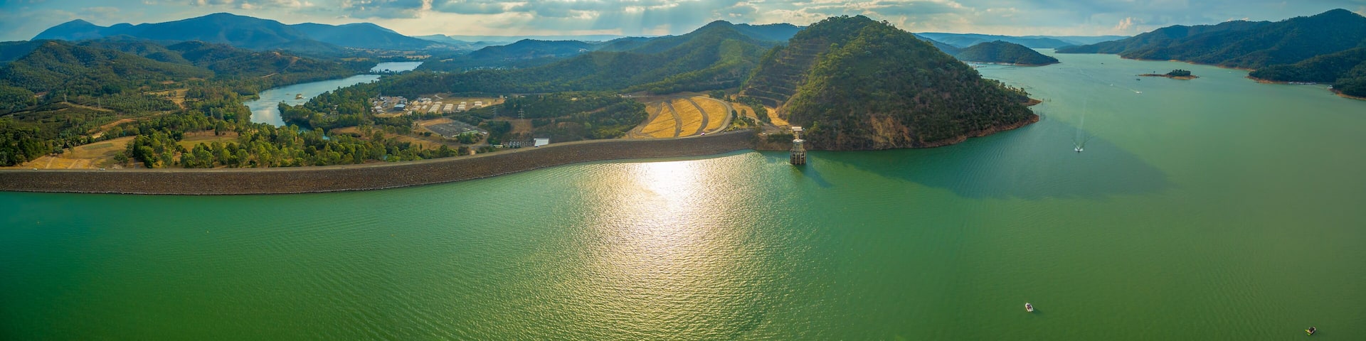 Large aerial panorama of Lake Eildon dam at beautiful sunset in Australia