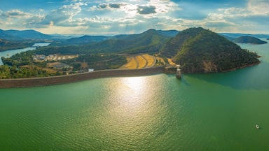 Large aerial panorama of Lake Eildon dam at beautiful sunset in Australia