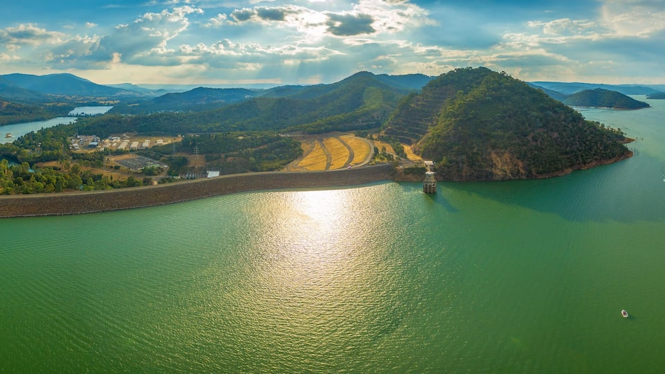 Large aerial panorama of Lake Eildon dam at beautiful sunset in Australia