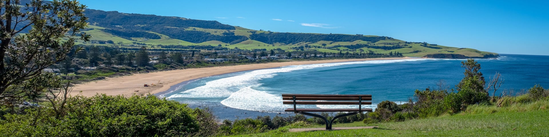 A restful bench with a panoramic view of Werri Beach, Gerringong, New South Wales, NSW, Australia, Shutterstock ID 1355323049, Purchase Order: -