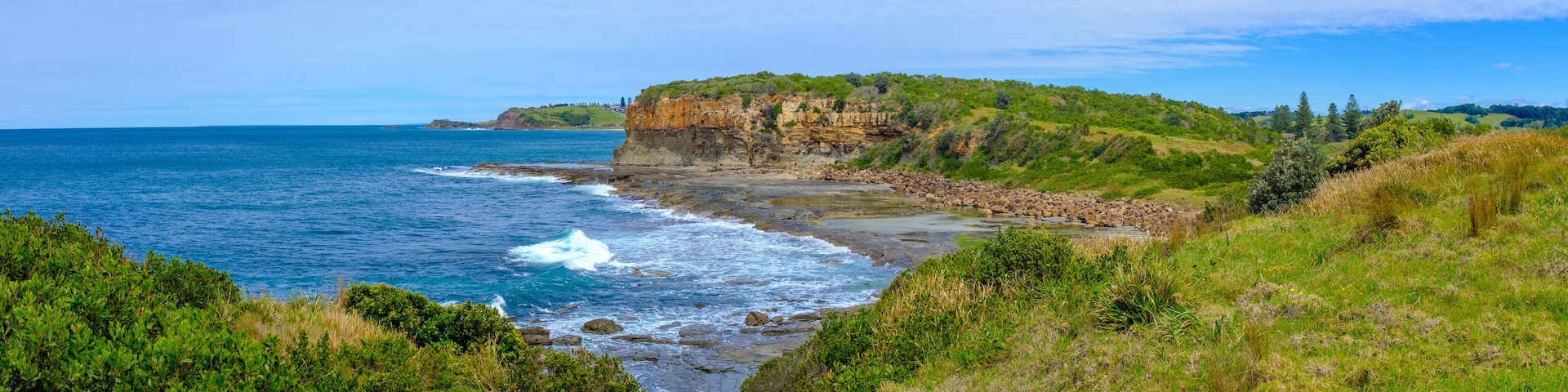 Panoramic view of a section of the Kiama to Gerringong Coastal Walk excellent for native wildlife and whale watching NSW, Australia