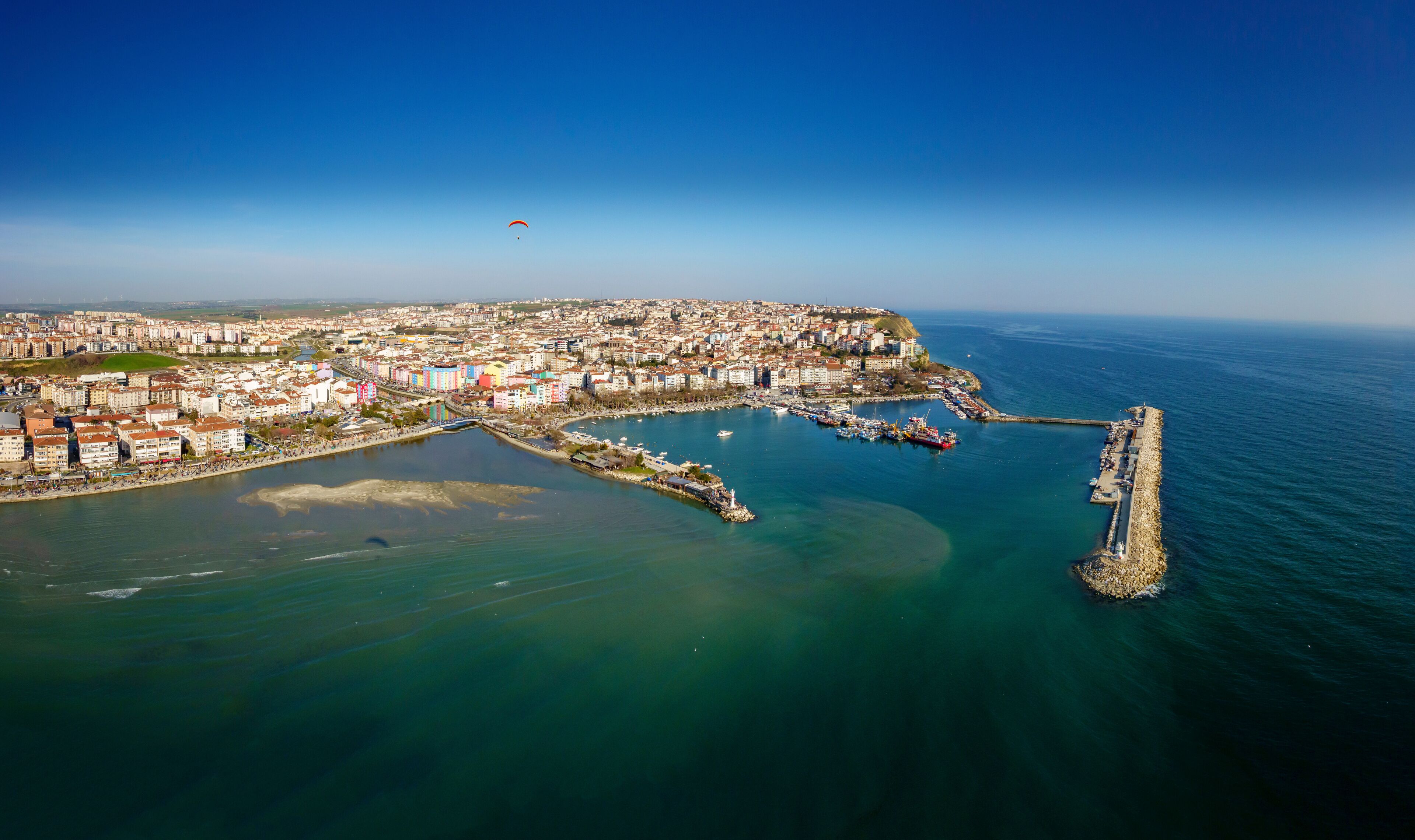 Aerial view of harbor panorama in the seaside town of Silivri, Istanbul, Turkey.
