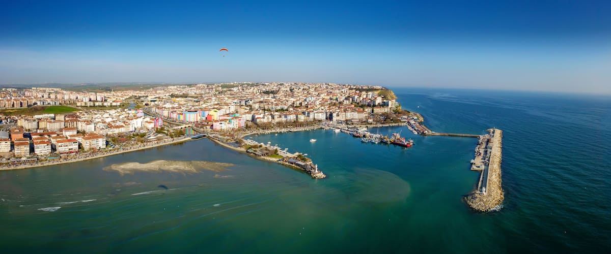 Aerial view of harbor panorama in the seaside town of Silivri, Istanbul, Turkey.