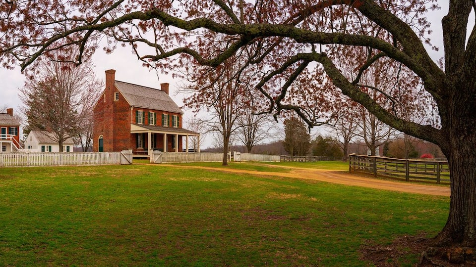 A historic brick building with a large tree in the foreground.
