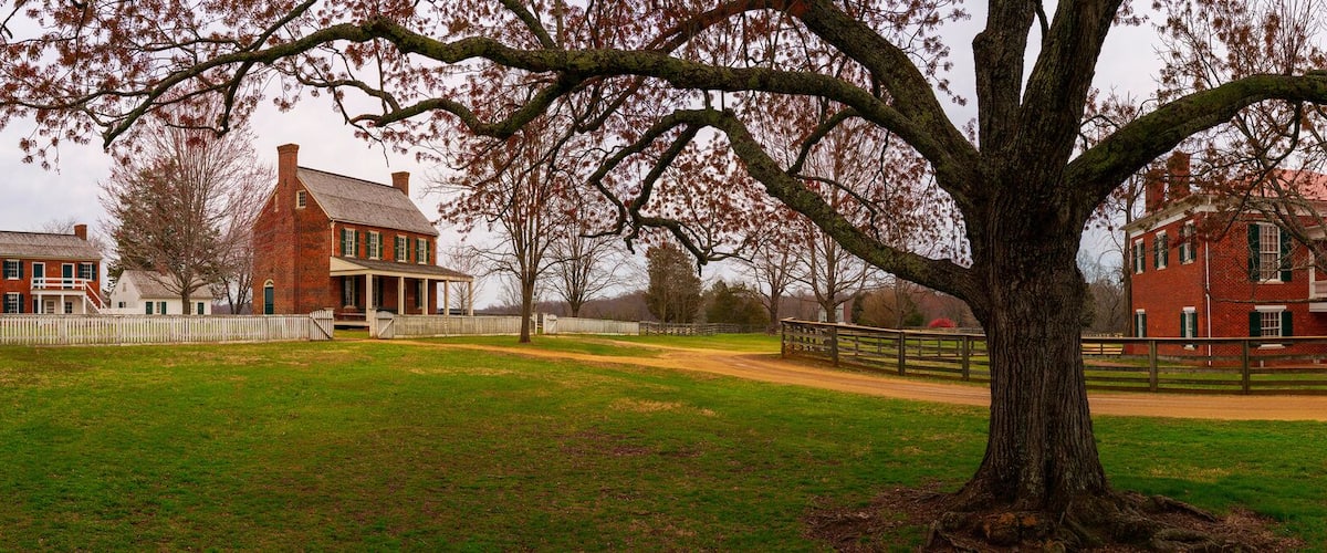 A historic brick building with a large tree in the foreground.