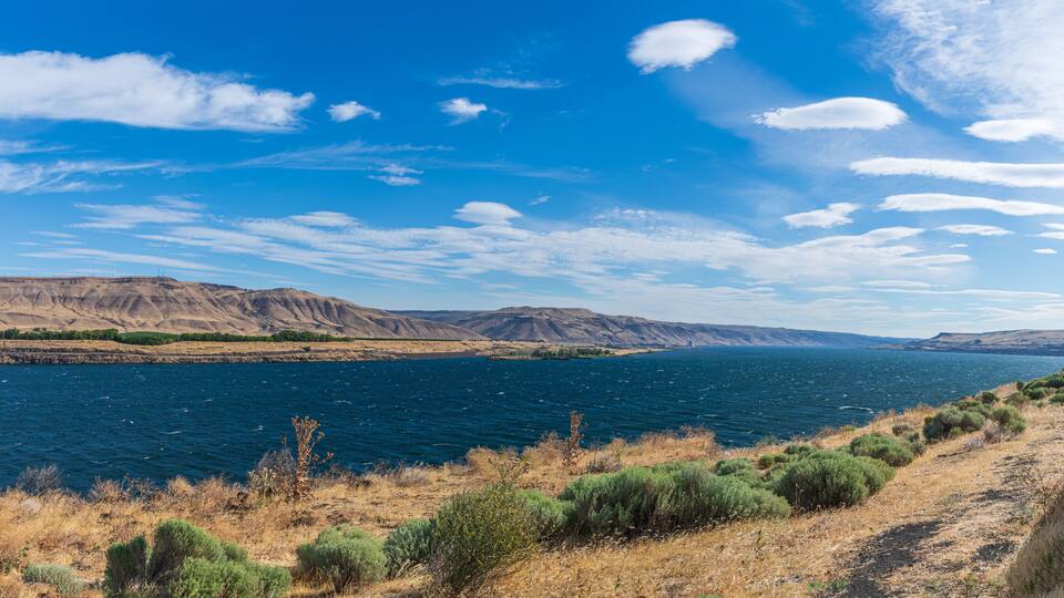 Panorama of a Windy Columbia River near Arlington, Oregon, USA, Looking East Up-River